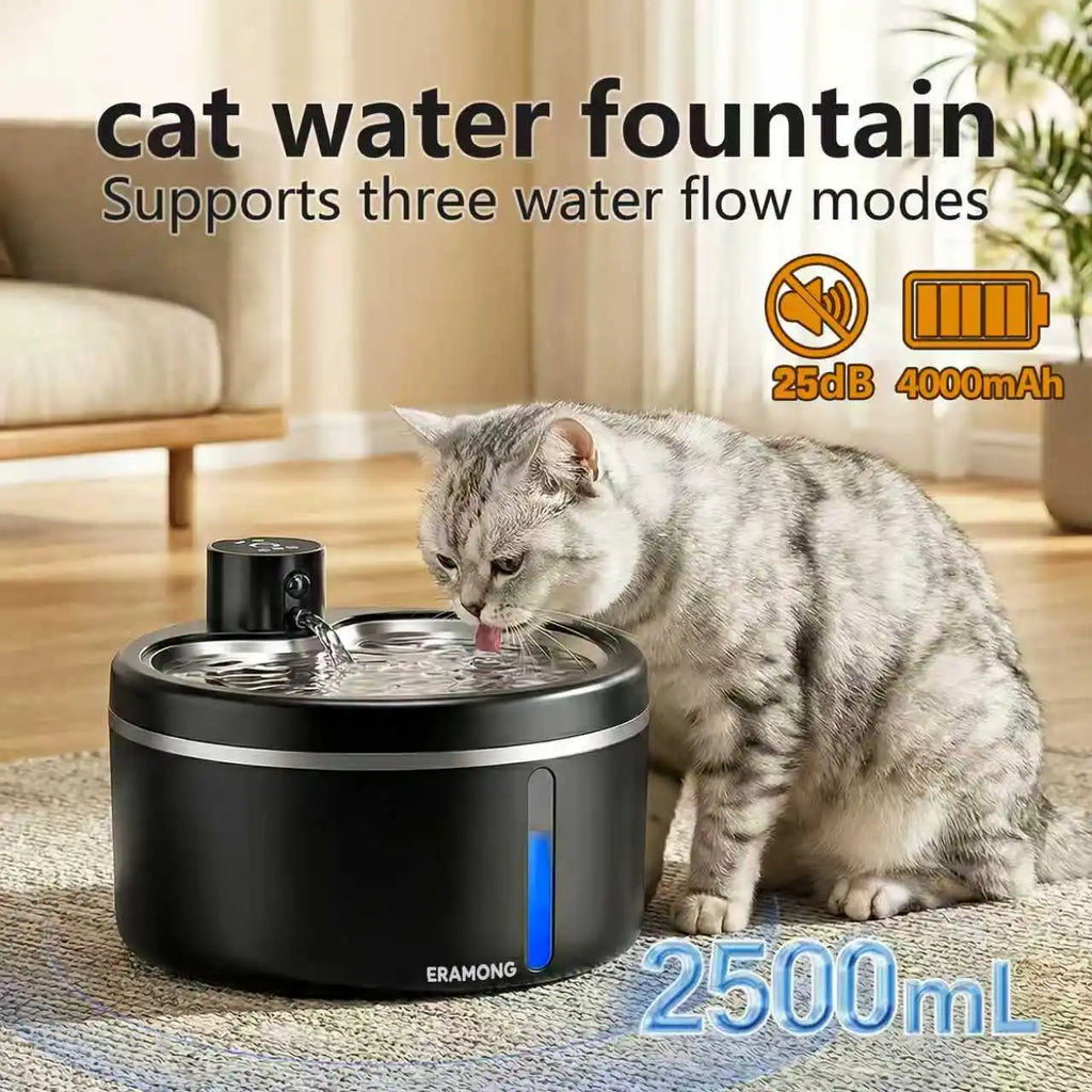 Fuente de Agua para Gatos Automática con Batería Recargable, Dispensador de Agua para Mascotas con Sensor de Movimiento, Silenciosa, con 2 Filtros y Sistema de Hidratación Continua